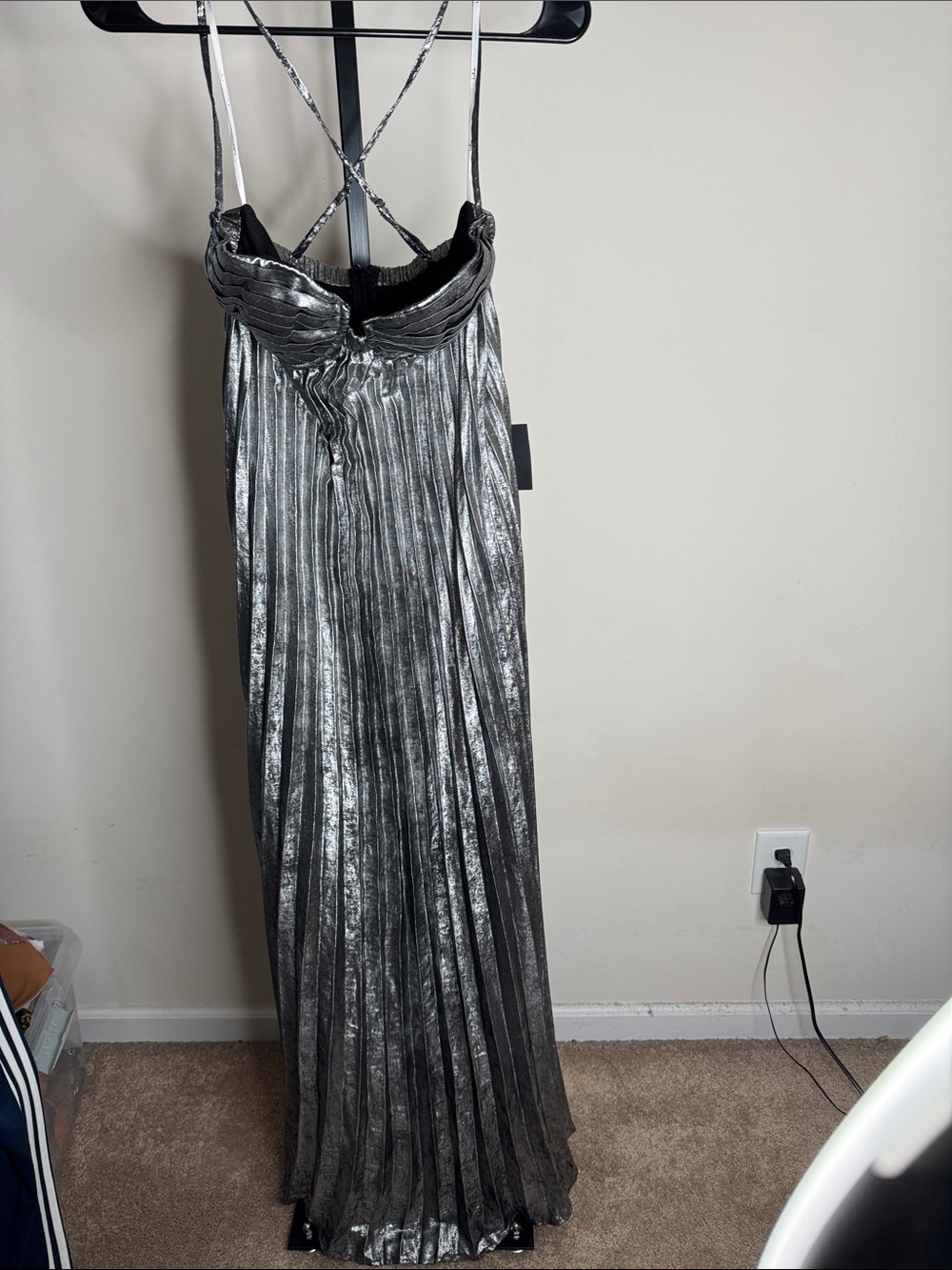 Lulu's Metallic Silver Pleated Maxi Dress with Crisscross Straps